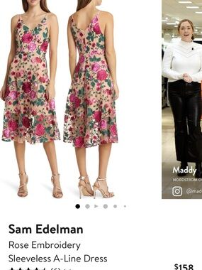 Sam Edelman Beige Midi Dress with Pink Rose Embroidery